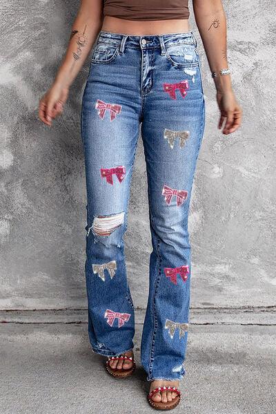 Sequin Bow Distressed Bootcut Jeans - NawdeX