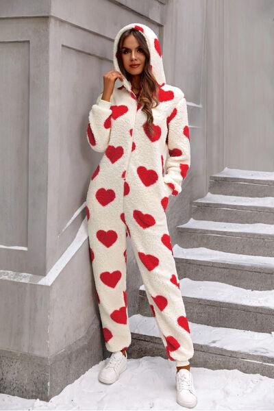 Fuzzy Heart Zip Up Hooded Lounge Jumpsuit - NawdeX