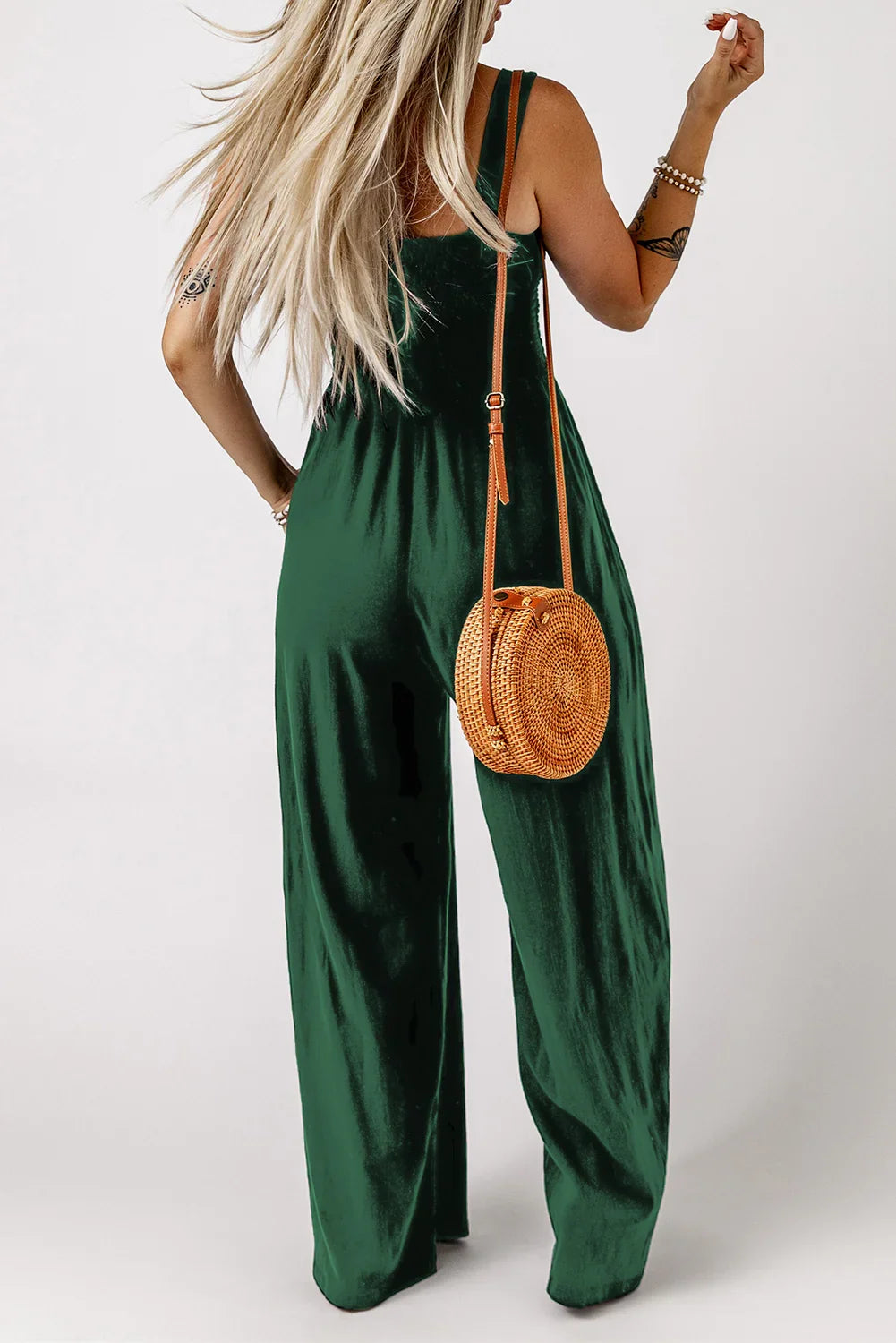 Smocked Square Neck Wide Leg Jumpsuit with Pockets - NawdeX