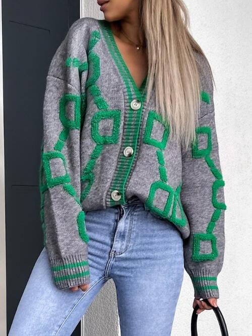 Geometric Dropped Shoulder Button Down Cardigan - NawdeX