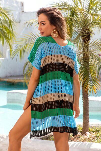 Openwork Striped V-Neck Short Sleeve Cover Up - NawdeX