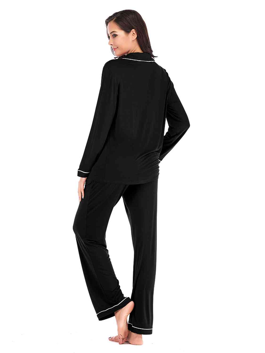 Collared Neck Long Sleeve Loungewear Set with Pockets - NawdeX