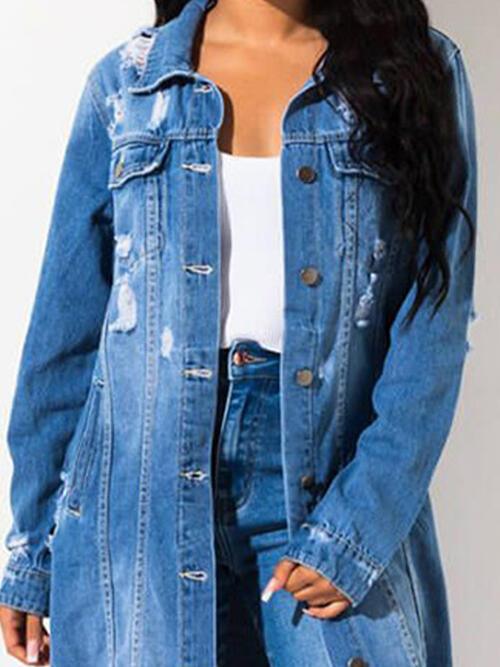 Long Sleeve Raw Hem Denim Jacket - NawdeX