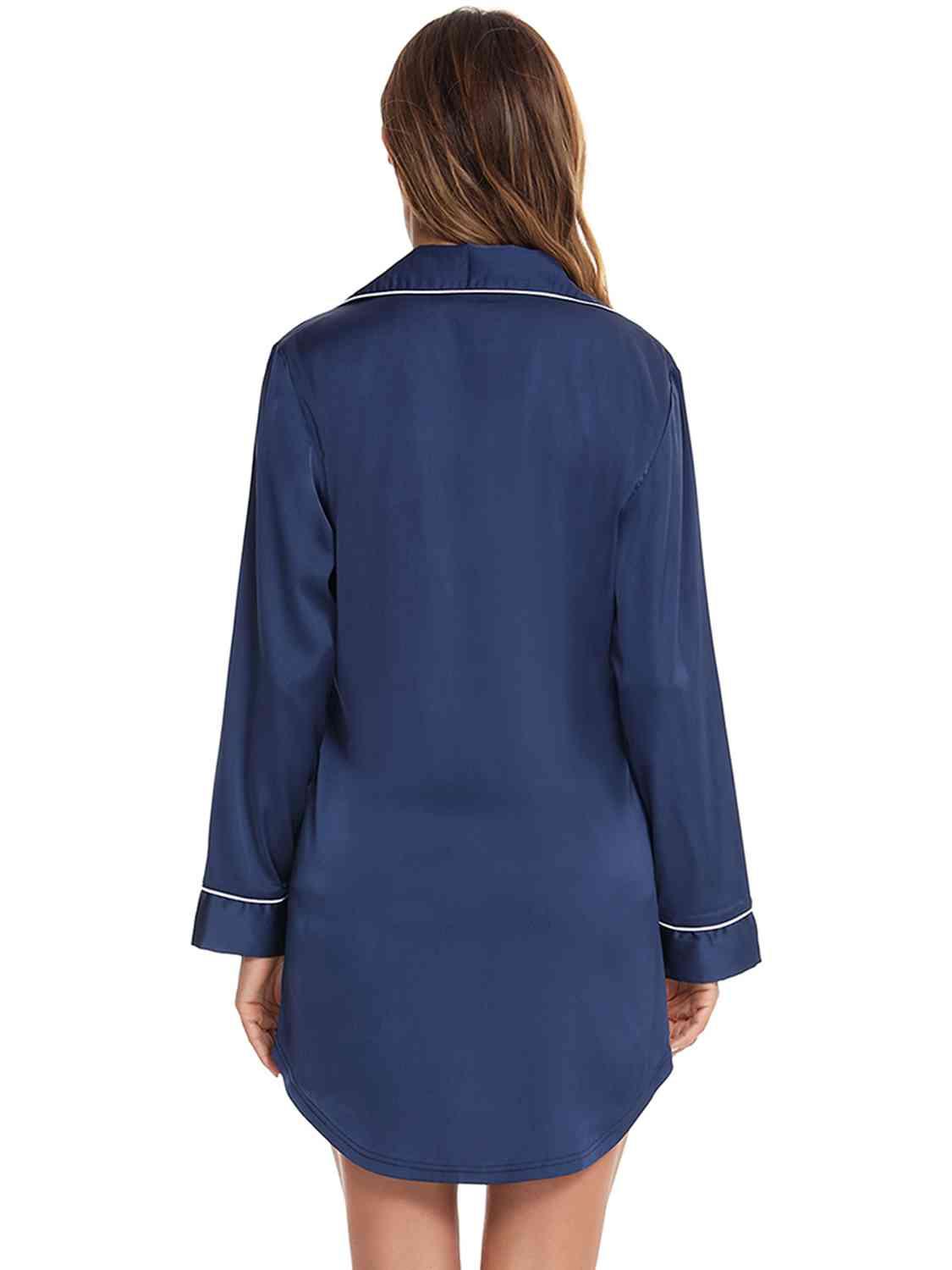Button Up Lapel Collar Night Dress with Pocket - NawdeX