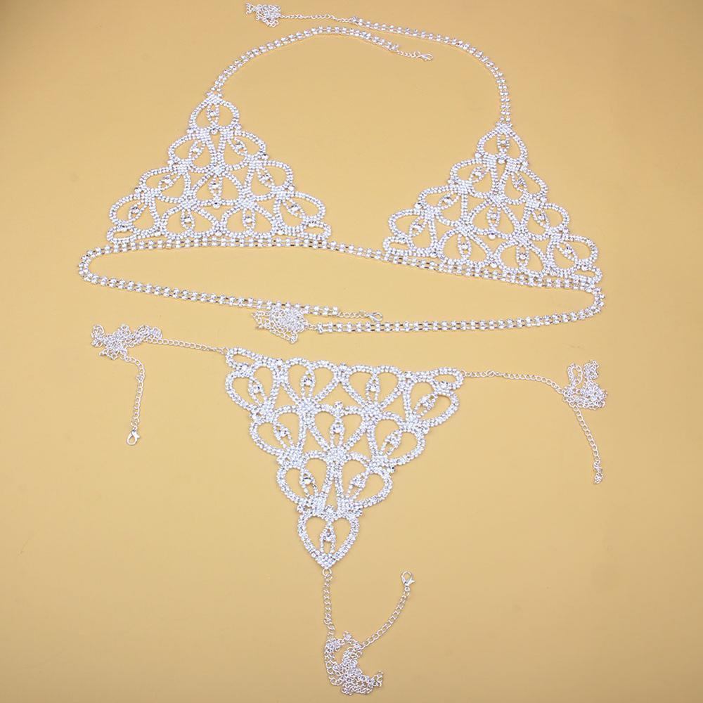Sexy Rhinestone Body Chain Lingerie Set Heart Body Jewelry for Women Fashion Bikini Underwear Jewelry Bling Crystal Bra Thong - NawdeX