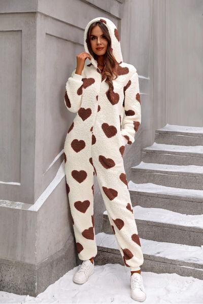Fuzzy Heart Zip Up Hooded Lounge Jumpsuit - NawdeX