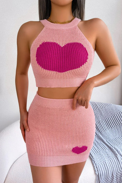Heart Contrast Ribbed Sleeveless Knit Top and Skirt Set - NawdeX