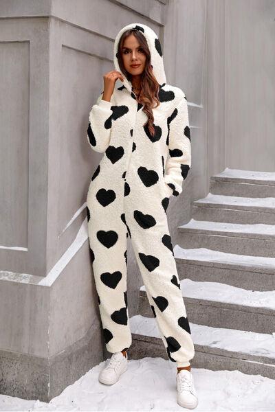 Fuzzy Heart Zip Up Hooded Lounge Jumpsuit - NawdeX