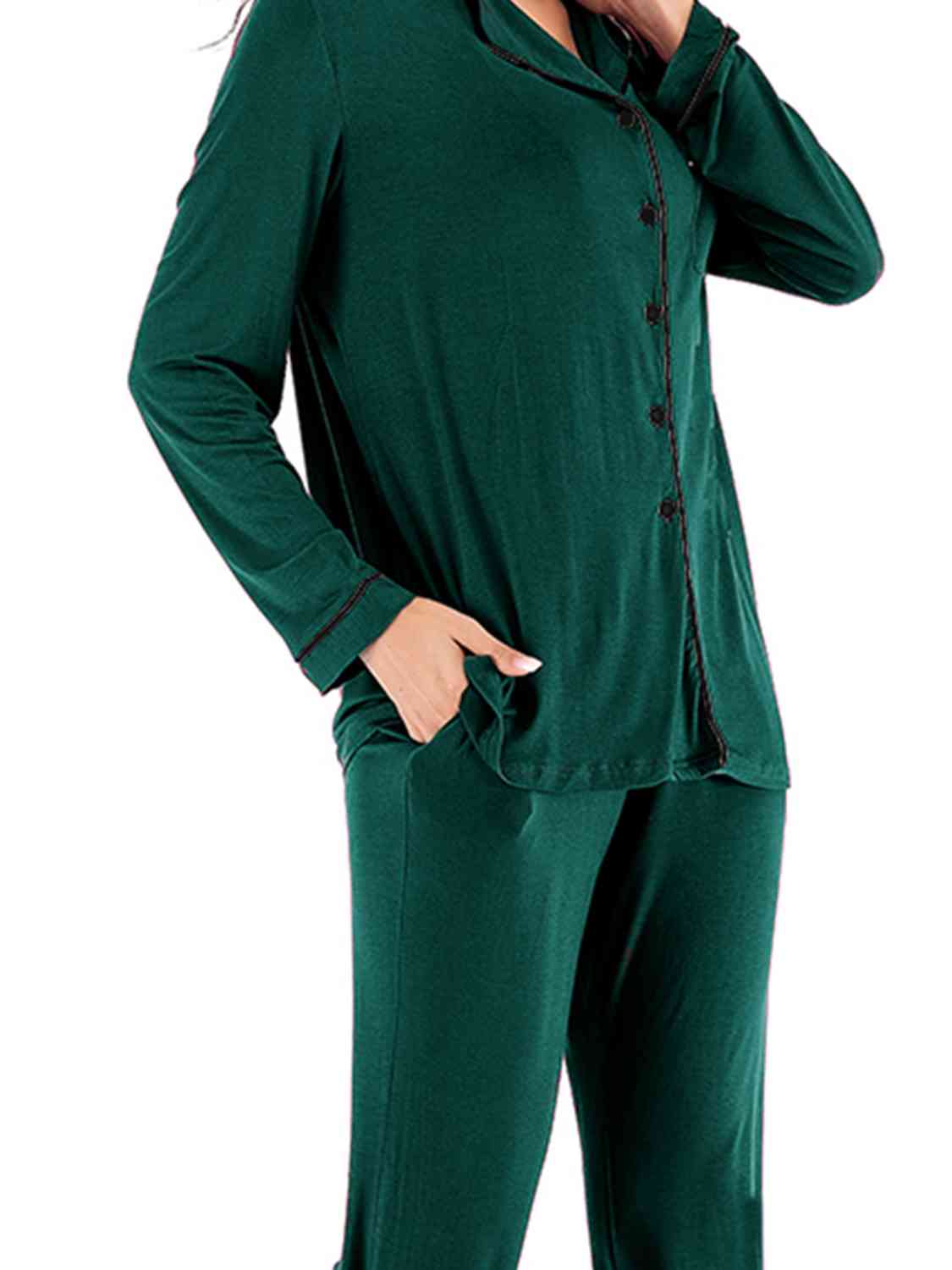 Collared Neck Long Sleeve Loungewear Set with Pockets - NawdeX
