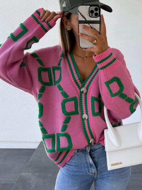 Geometric Dropped Shoulder Button Down Cardigan - NawdeX
