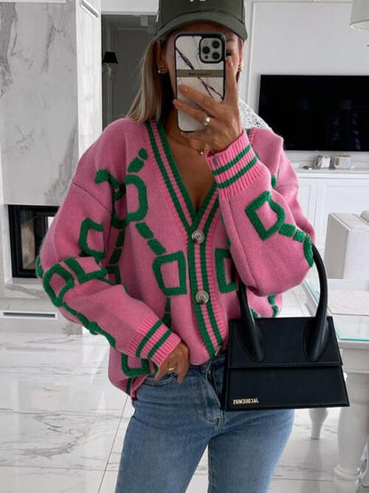 Geometric Dropped Shoulder Button Down Cardigan - NawdeX