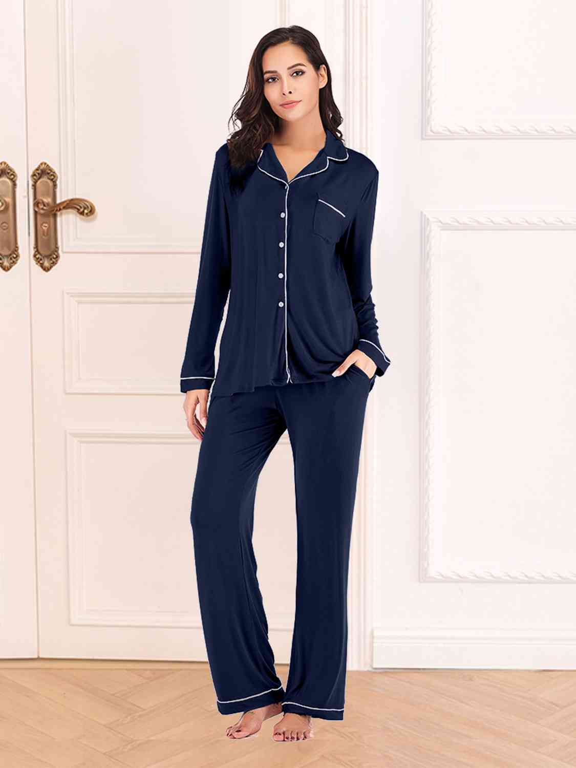 Collared Neck Long Sleeve Loungewear Set with Pockets - NawdeX