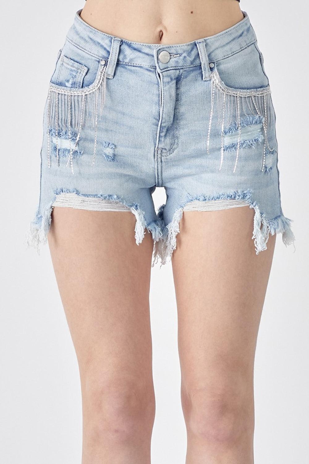 RISEN Frayed Hem Denim Shorts with Fringe Detail Pockets - NawdeX