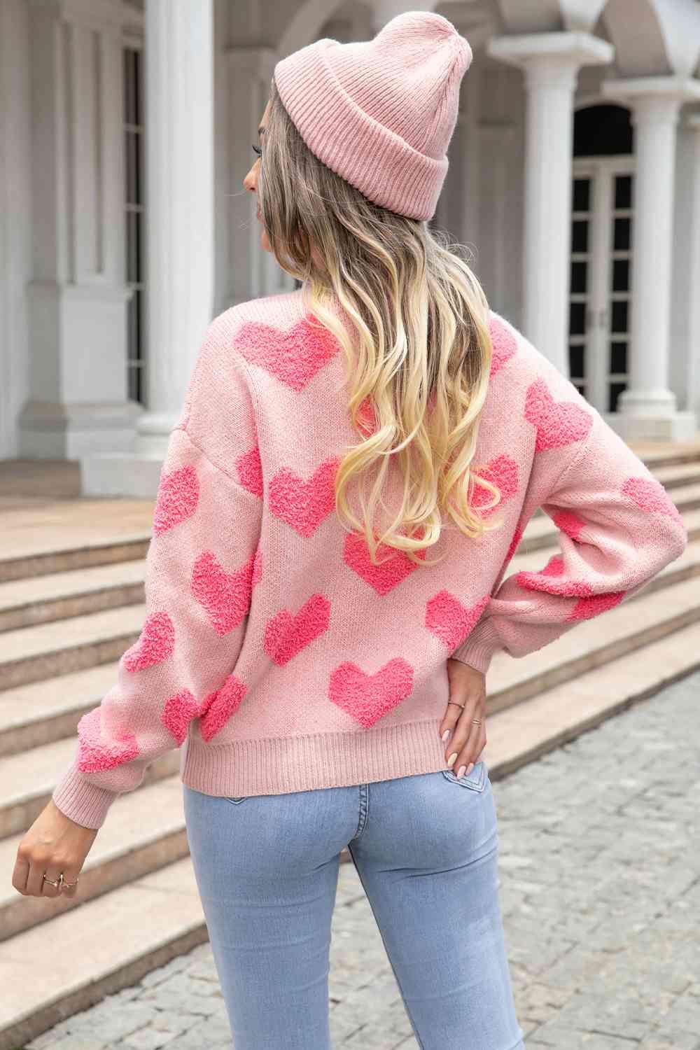 Round Neck Dropped Shoulder Sweater with Heart Pattern - NawdeX