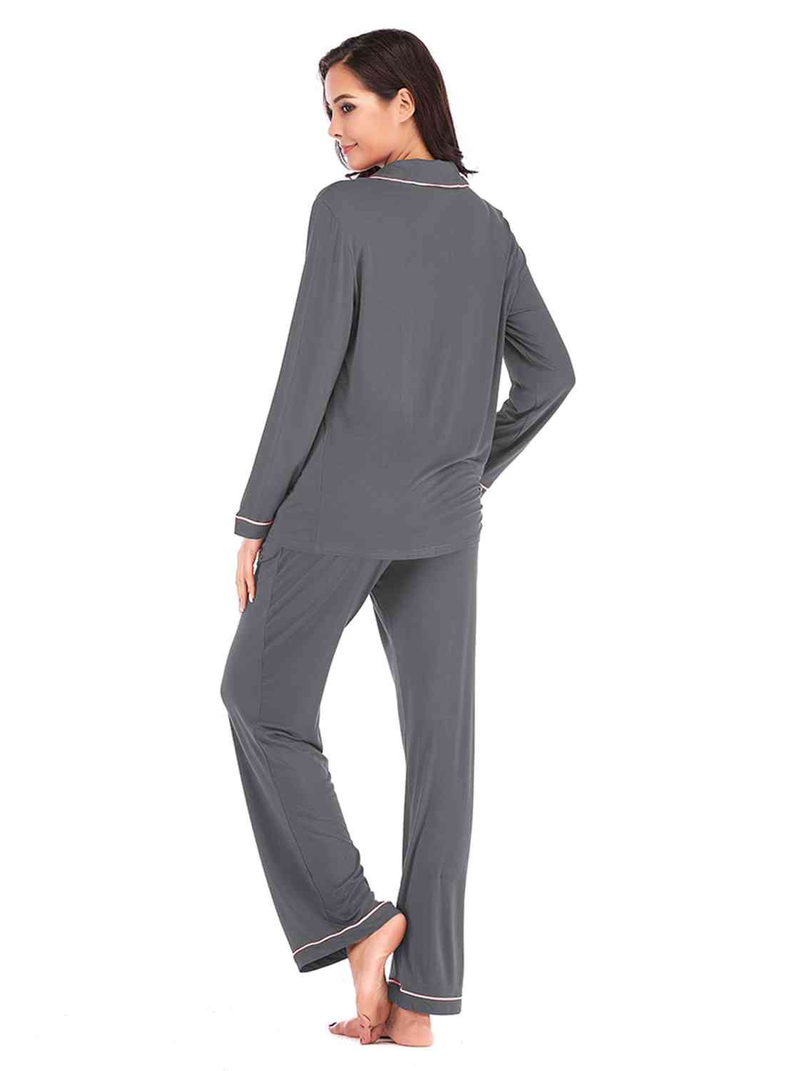 Collared Neck Long Sleeve Loungewear Set with Pockets - NawdeX