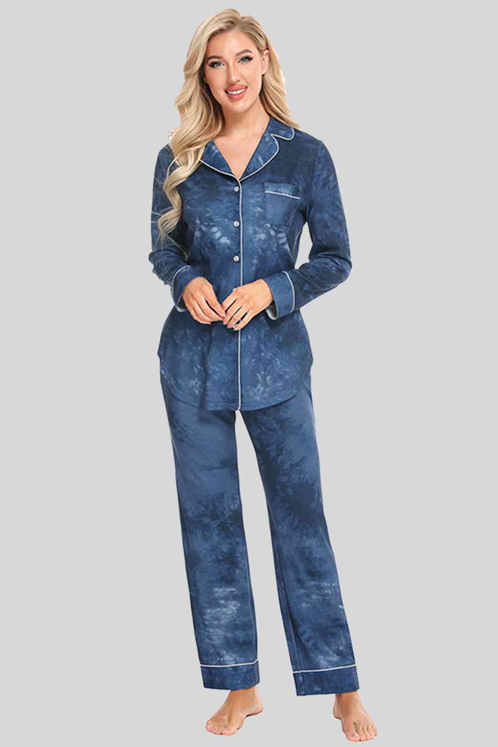 Collared Neck Long Sleeve Loungewear Set with Pockets - NawdeX