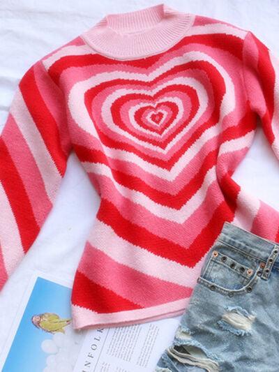 Heart Mock Neck Long Sleeve Sweater - NawdeX