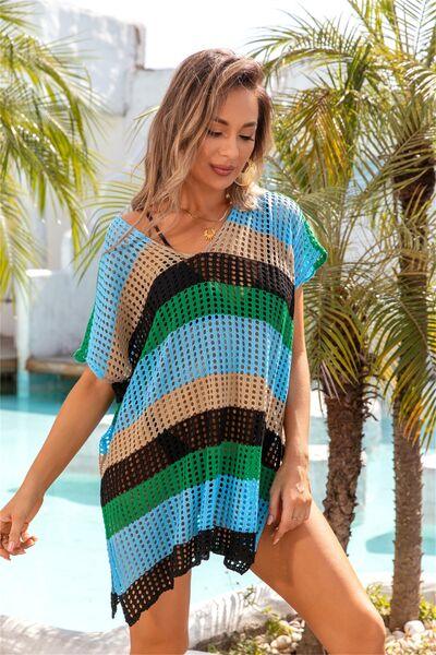 Openwork Striped V-Neck Short Sleeve Cover Up - NawdeX