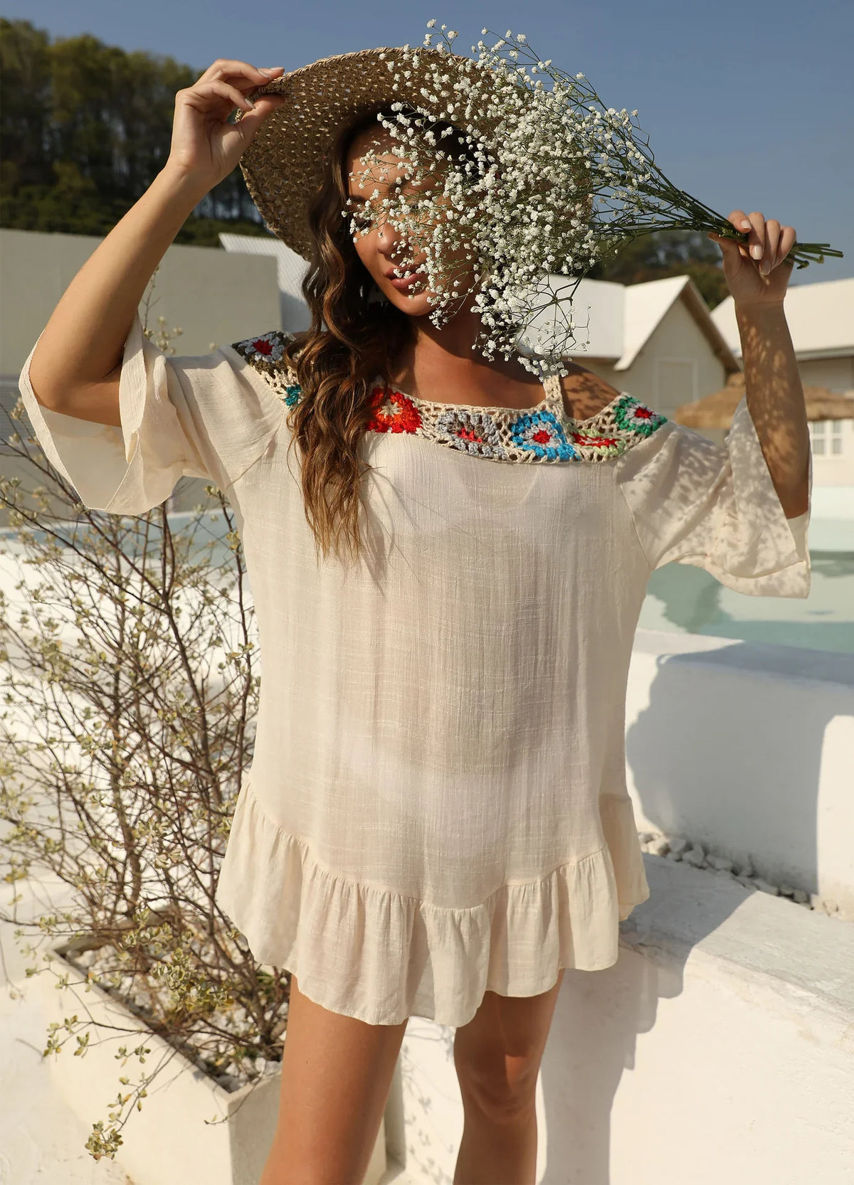 Hand Hook Floral Stitching Sexy Suspender Off-the-shoulder Peplum Beach Skirt - NawdeX