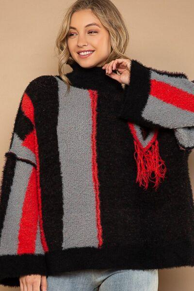 POL Turtleneck Color Block Fringe Detail Sweater - NawdeX