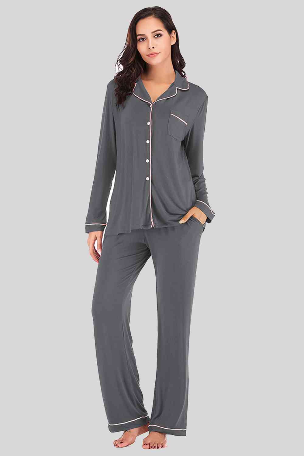 Collared Neck Long Sleeve Loungewear Set with Pockets - NawdeX
