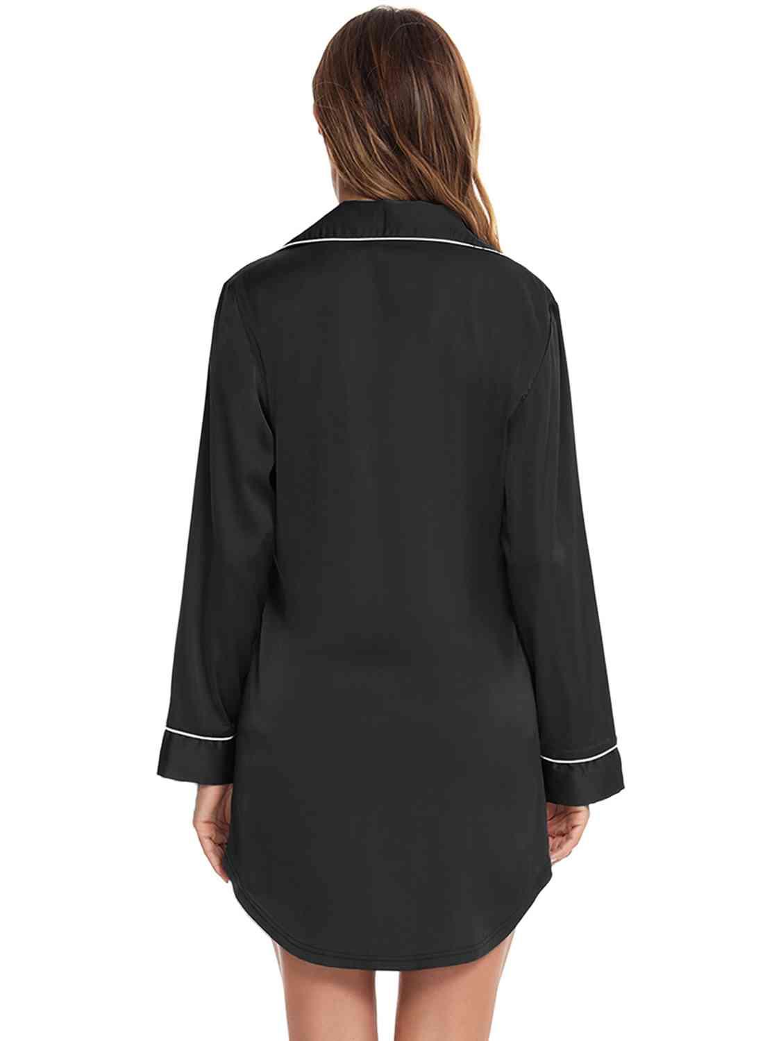 Button Up Lapel Collar Night Dress with Pocket - NawdeX