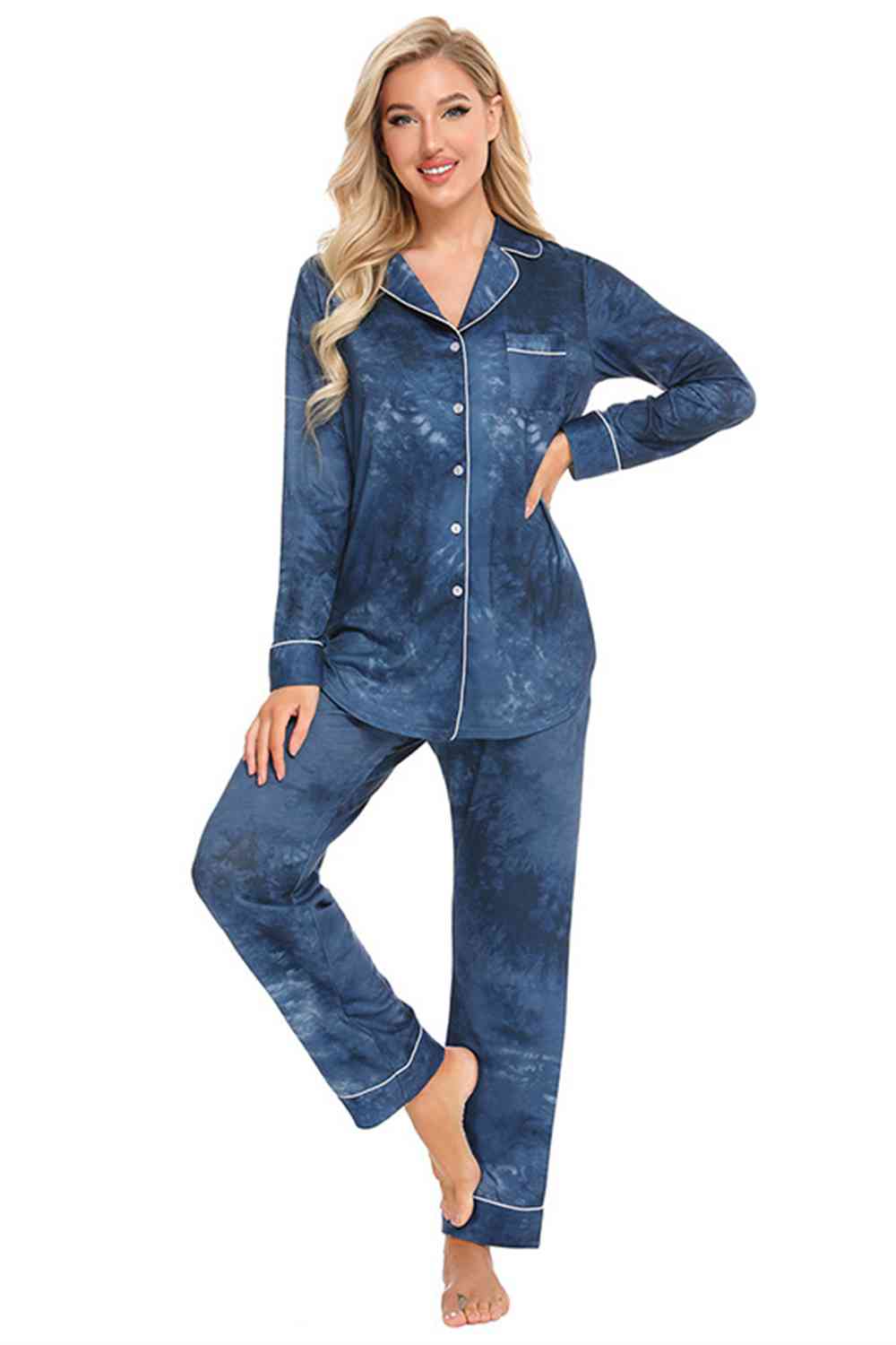 Collared Neck Long Sleeve Loungewear Set with Pockets - NawdeX