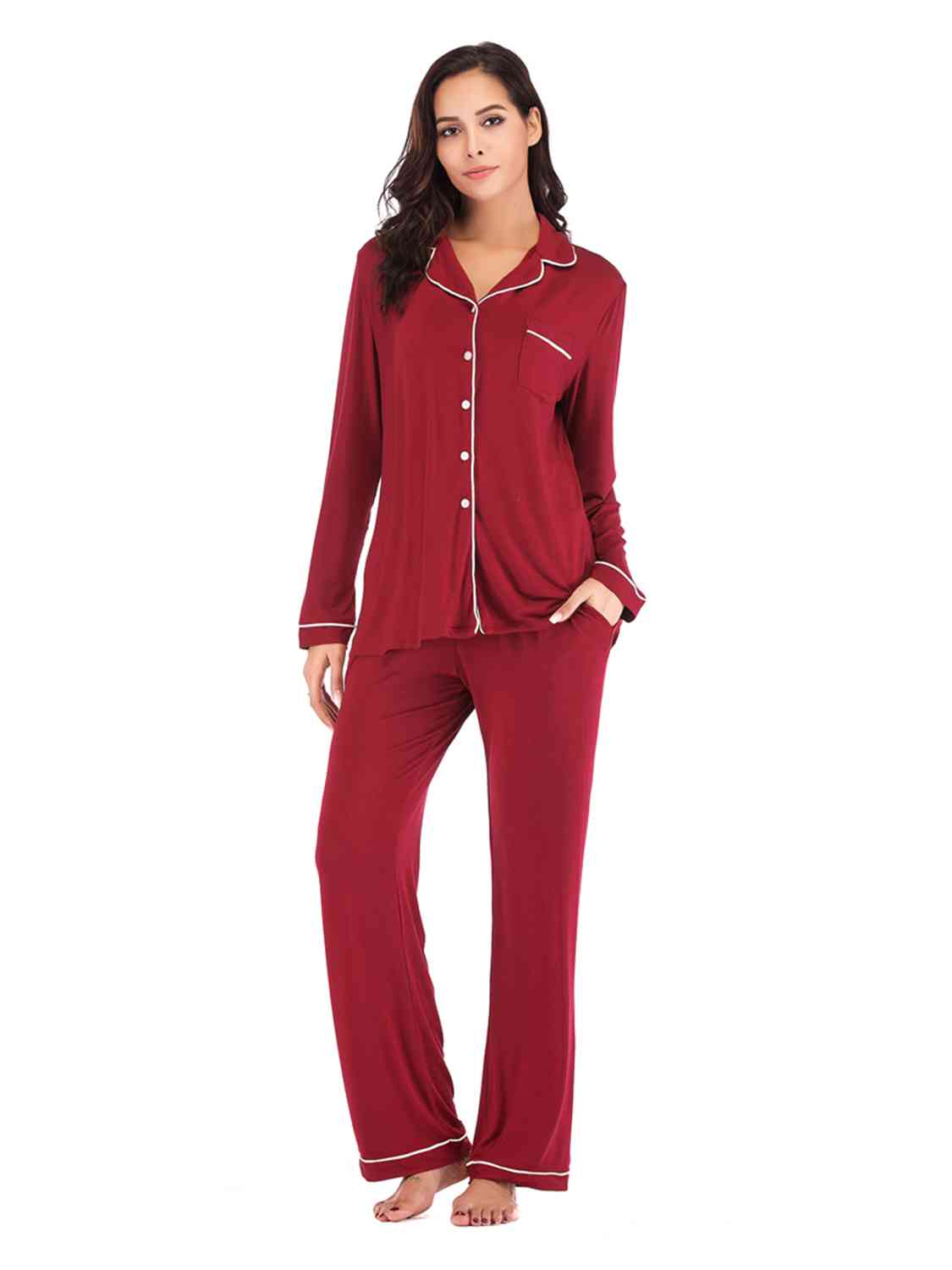 Collared Neck Long Sleeve Loungewear Set with Pockets - NawdeX