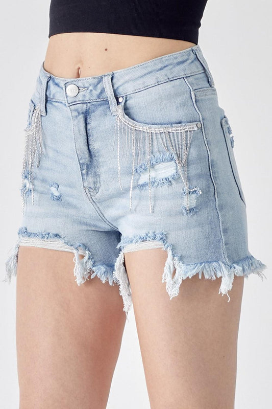 RISEN Frayed Hem Denim Shorts with Fringe Detail Pockets - NawdeX