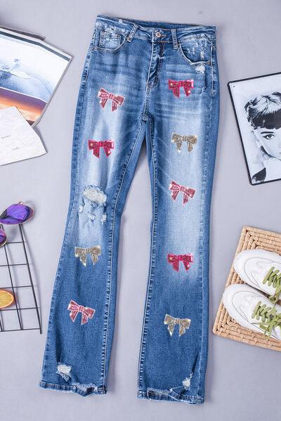 Sequin Bow Distressed Bootcut Jeans - NawdeX