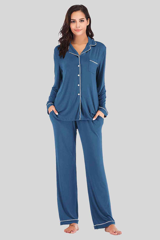 Collared Neck Long Sleeve Loungewear Set with Pockets - NawdeX