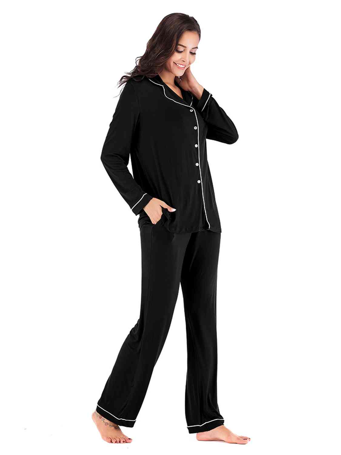 Collared Neck Long Sleeve Loungewear Set with Pockets - NawdeX