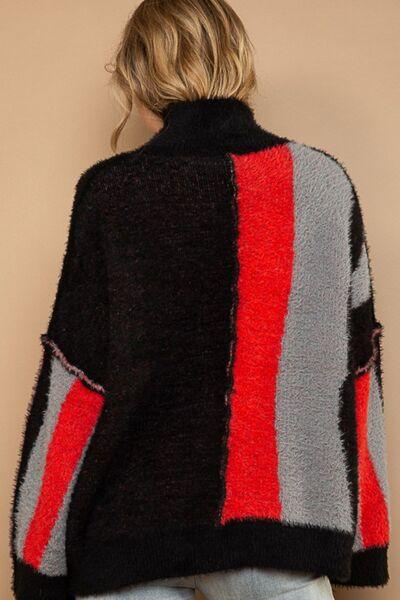 POL Turtleneck Color Block Fringe Detail Sweater - NawdeX
