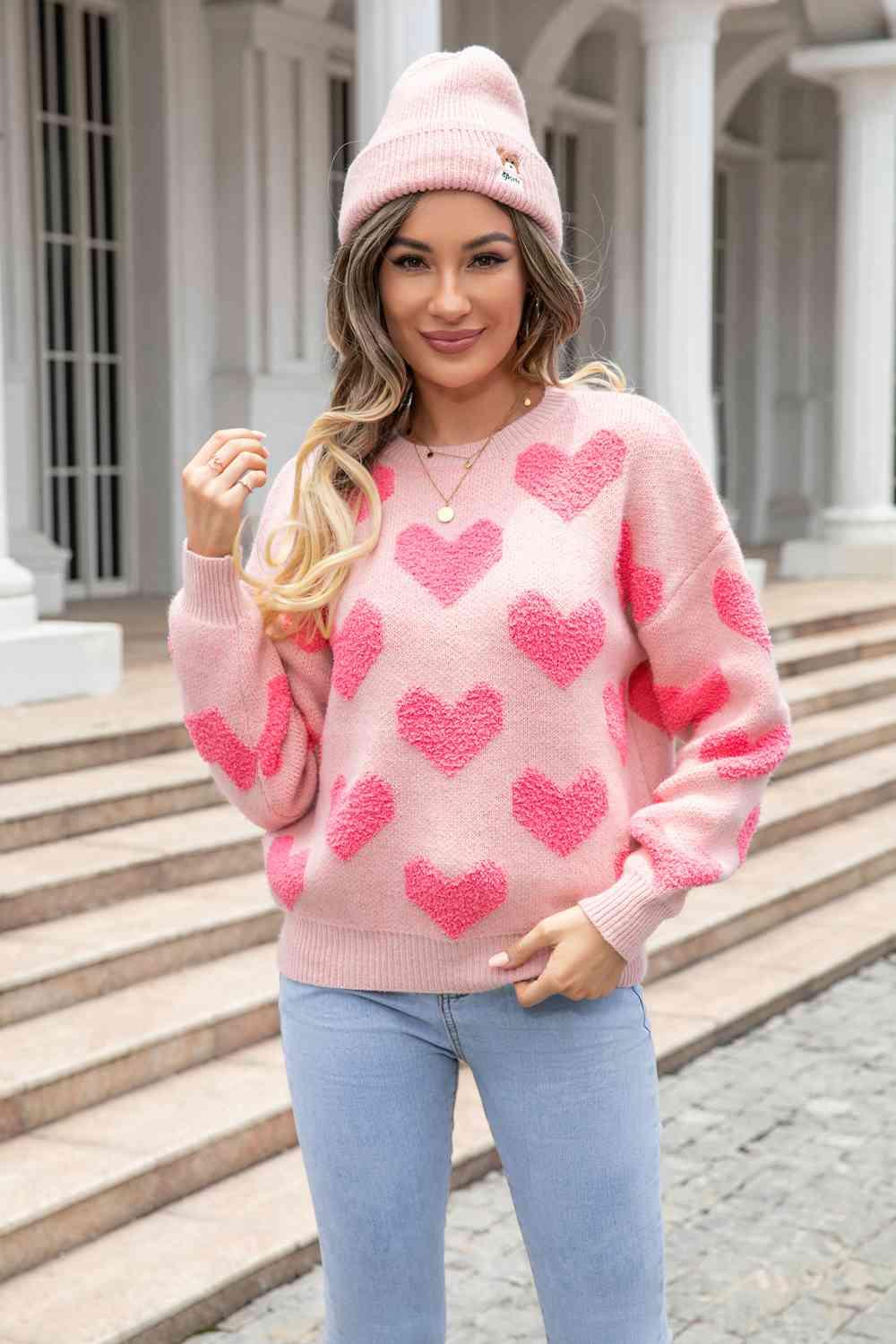 Round Neck Dropped Shoulder Sweater with Heart Pattern - NawdeX
