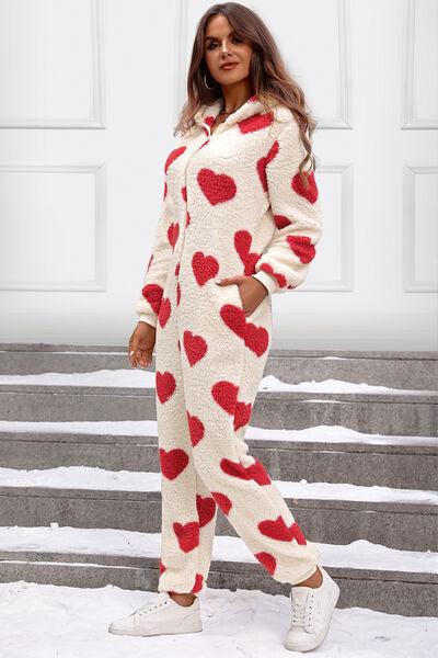 Fuzzy Heart Zip Up Hooded Lounge Jumpsuit - NawdeX