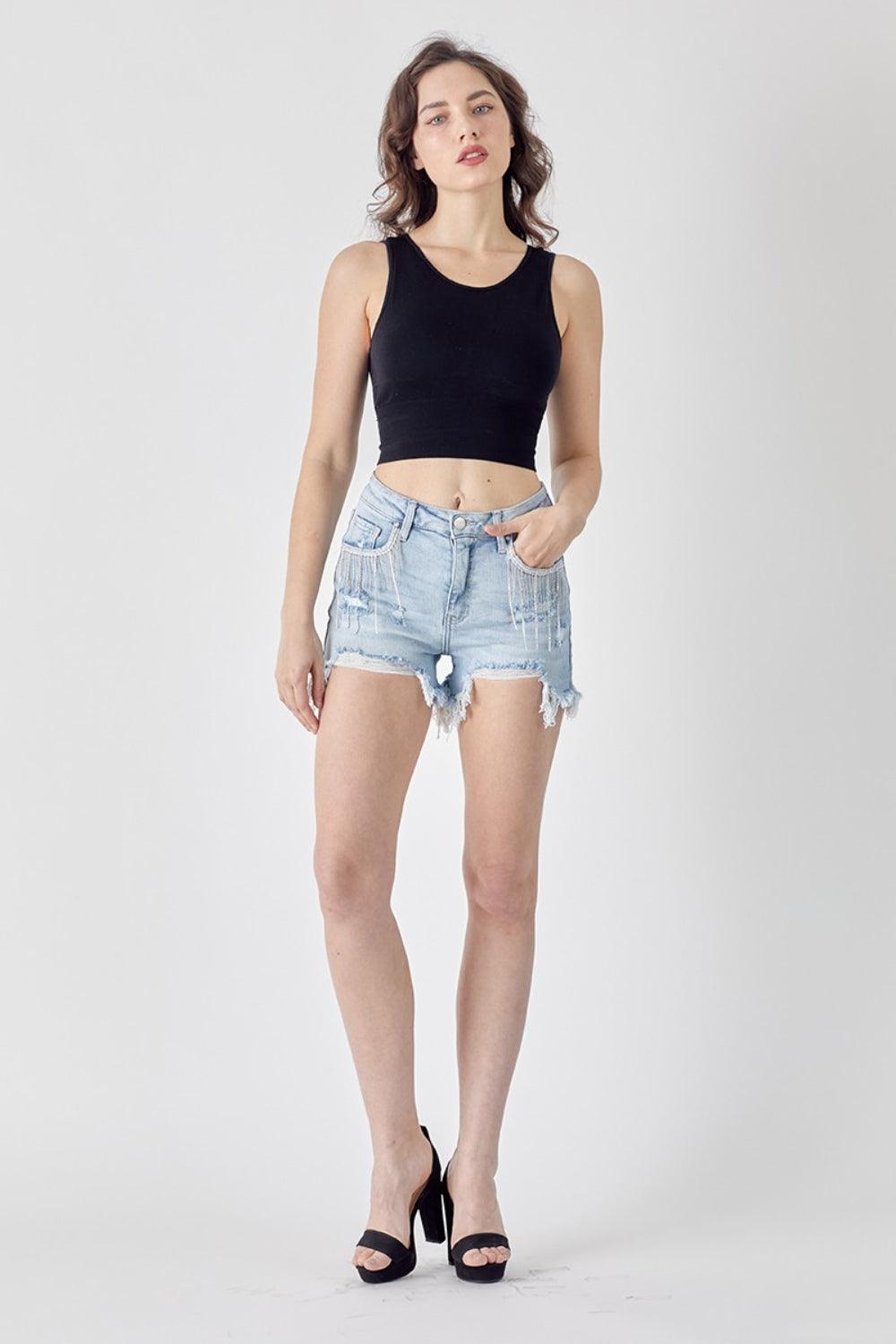 RISEN Frayed Hem Denim Shorts with Fringe Detail Pockets - NawdeX
