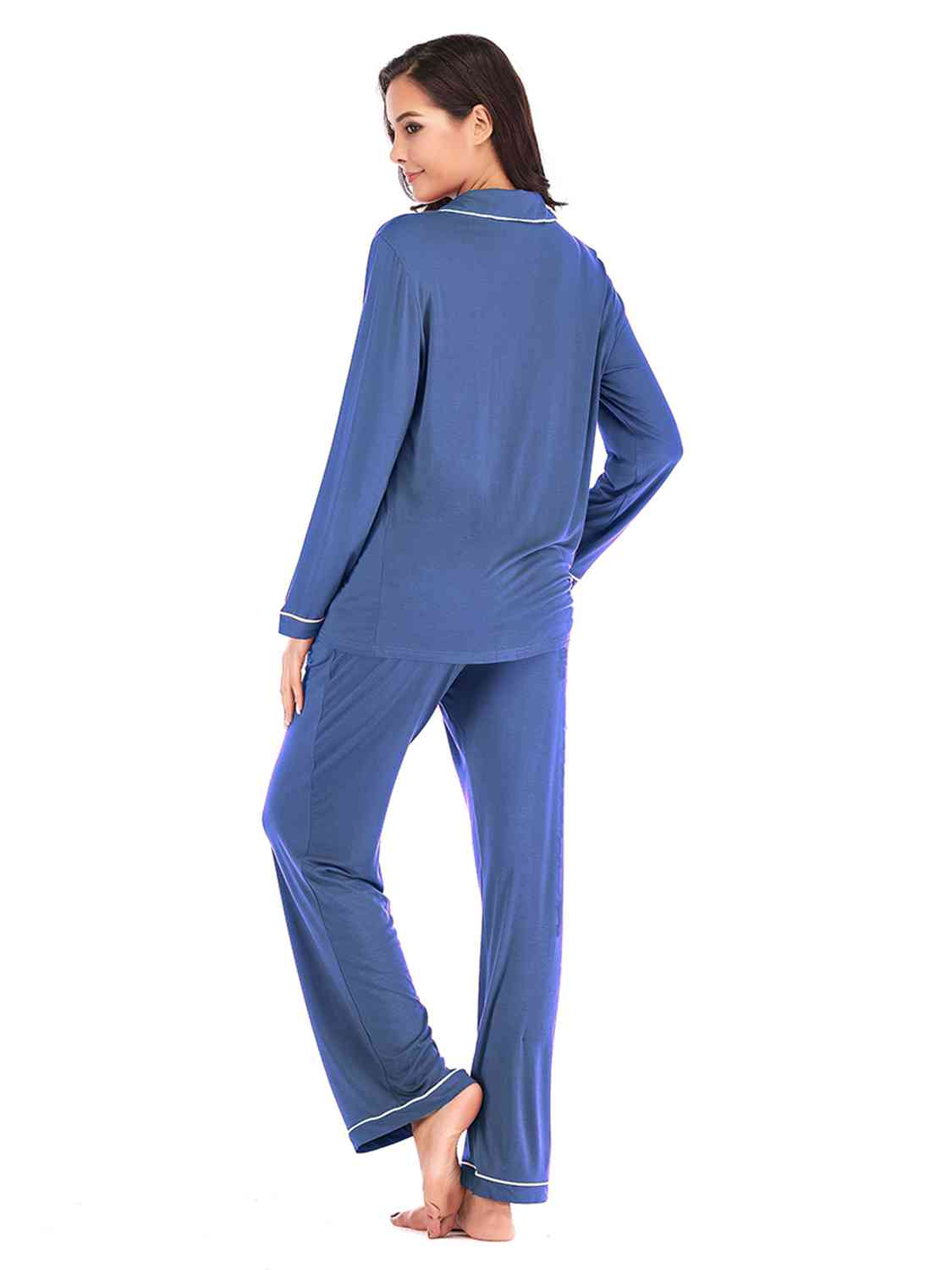 Collared Neck Long Sleeve Loungewear Set with Pockets - NawdeX
