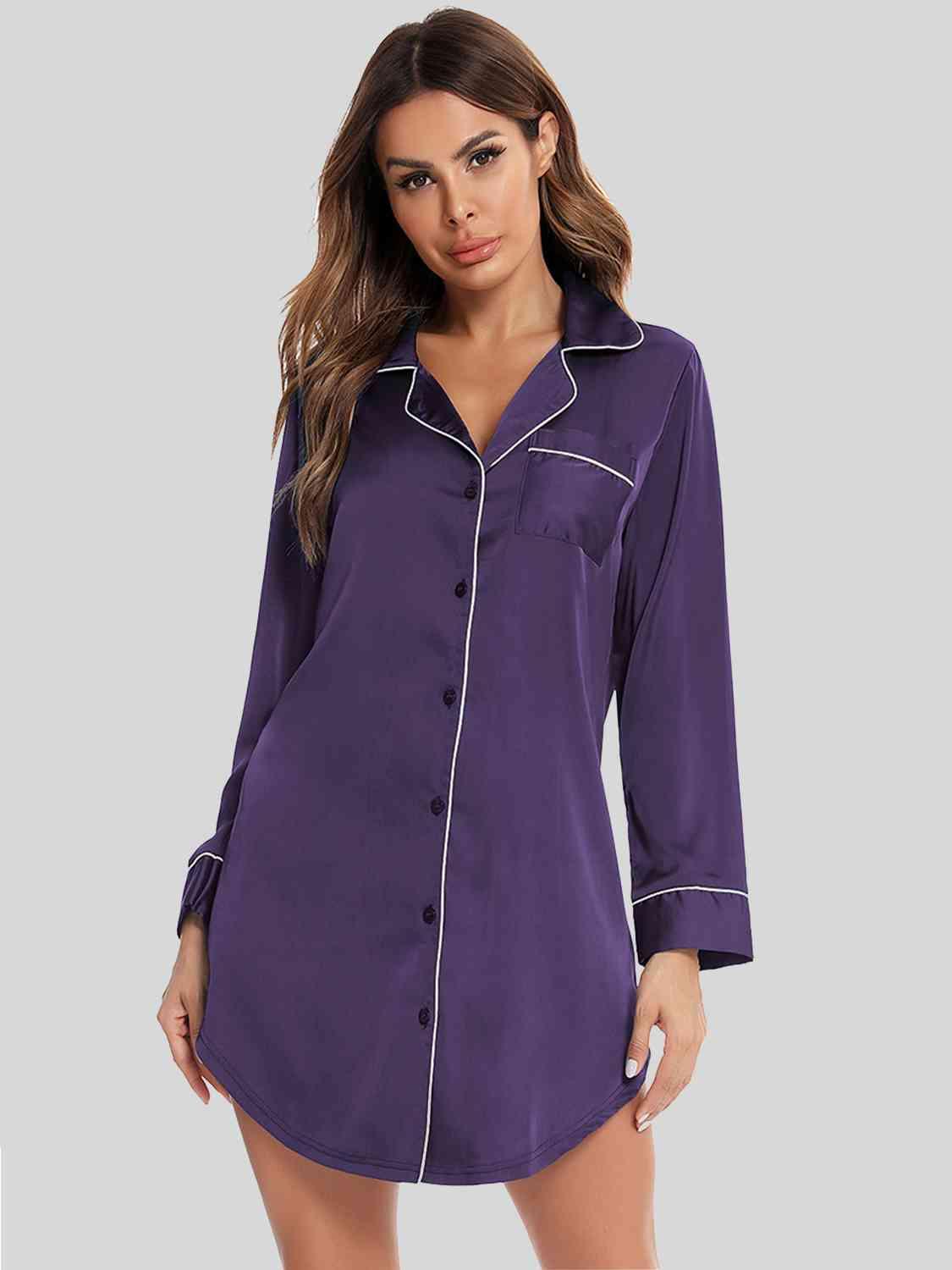 Button Up Lapel Collar Night Dress with Pocket - NawdeX