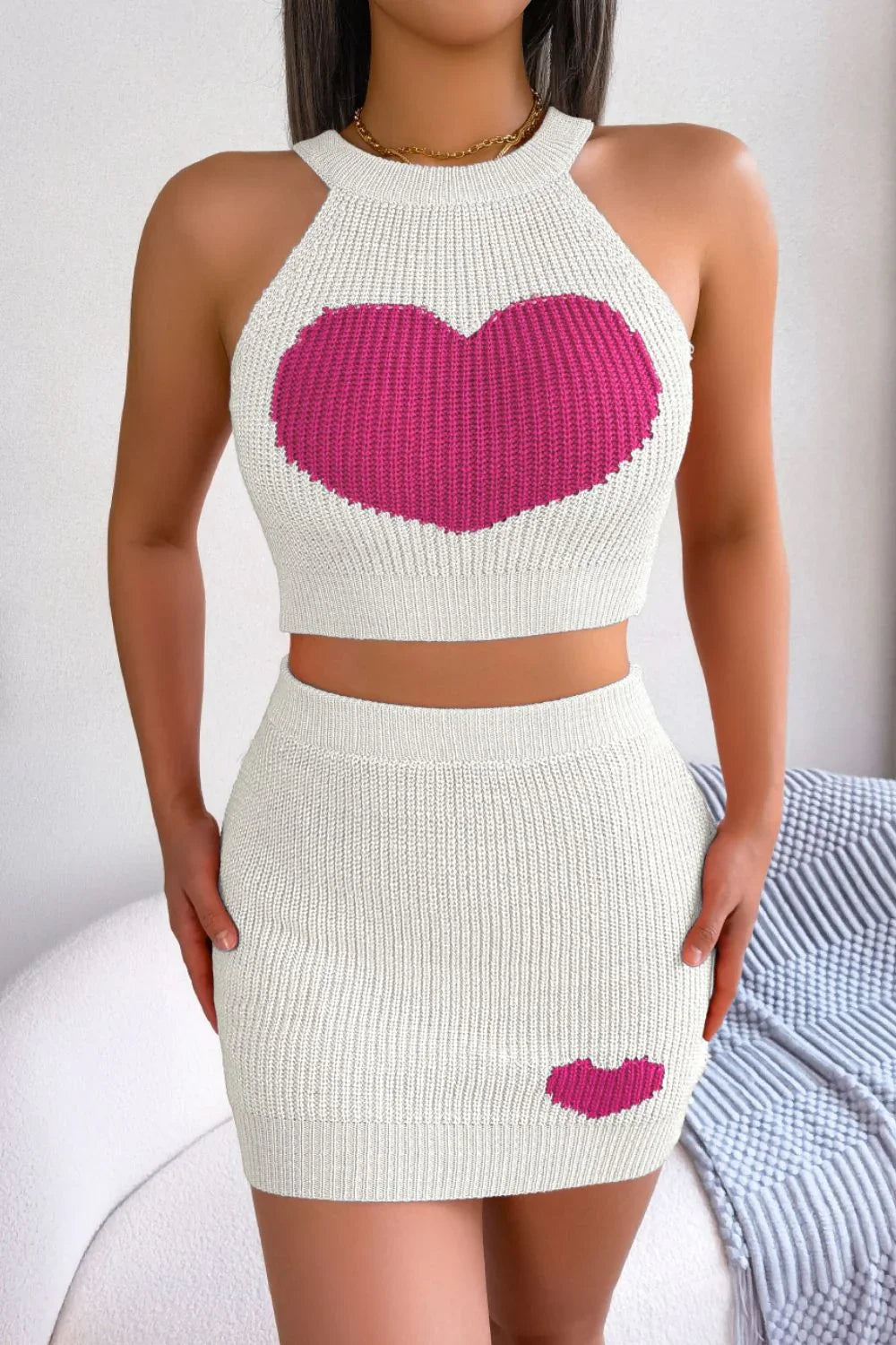 Heart Contrast Ribbed Sleeveless Knit Top and Skirt Set - NawdeX