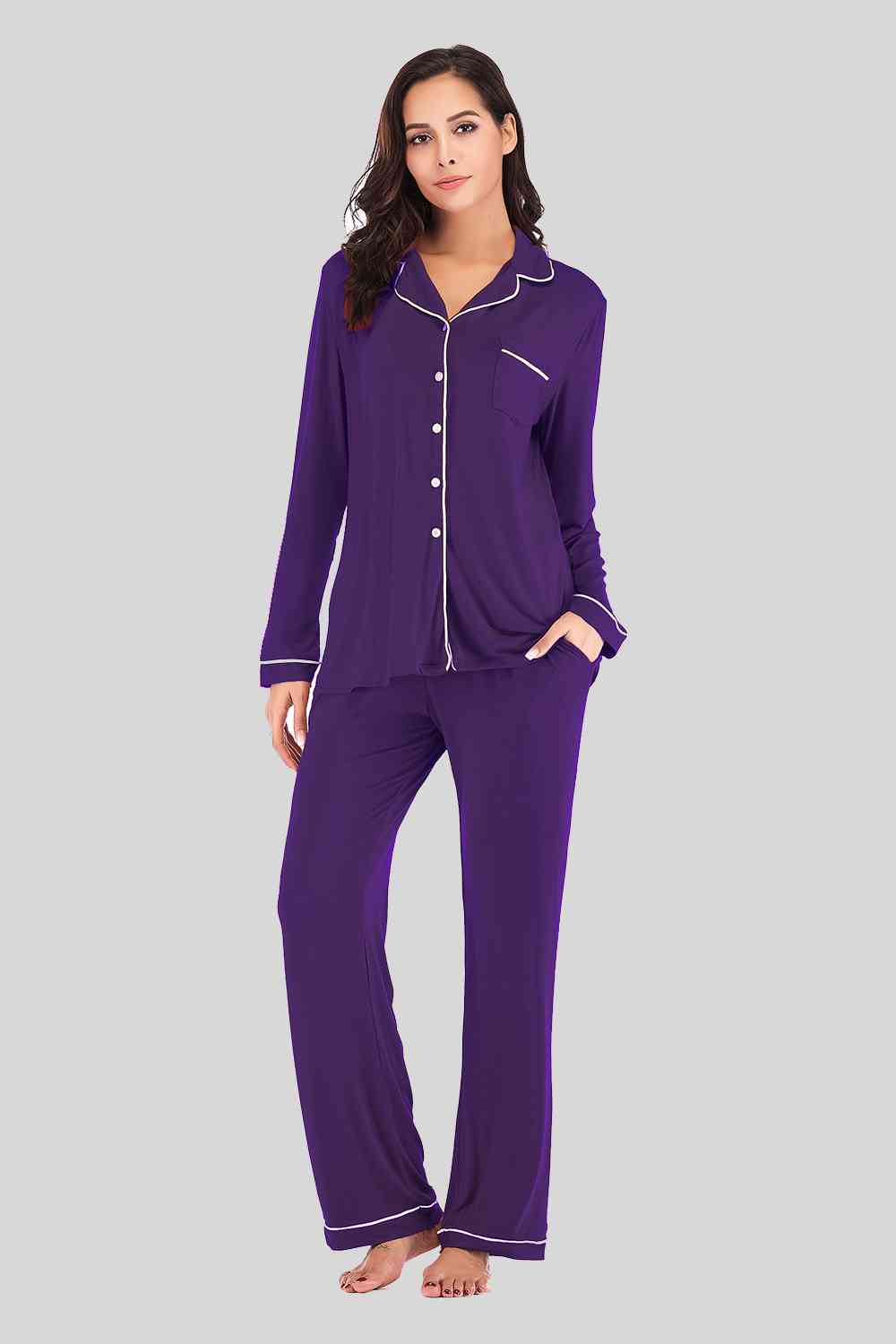 Collared Neck Long Sleeve Loungewear Set with Pockets - NawdeX